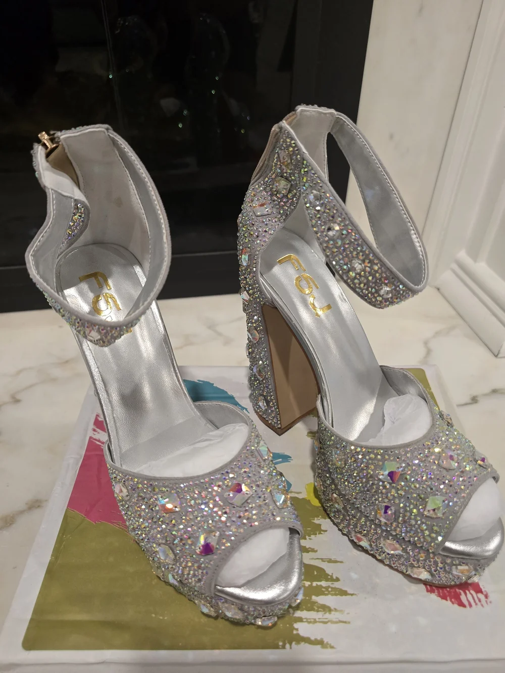 Iridescent Rhinestone Embellished Platform Heels - Sparkling Multi